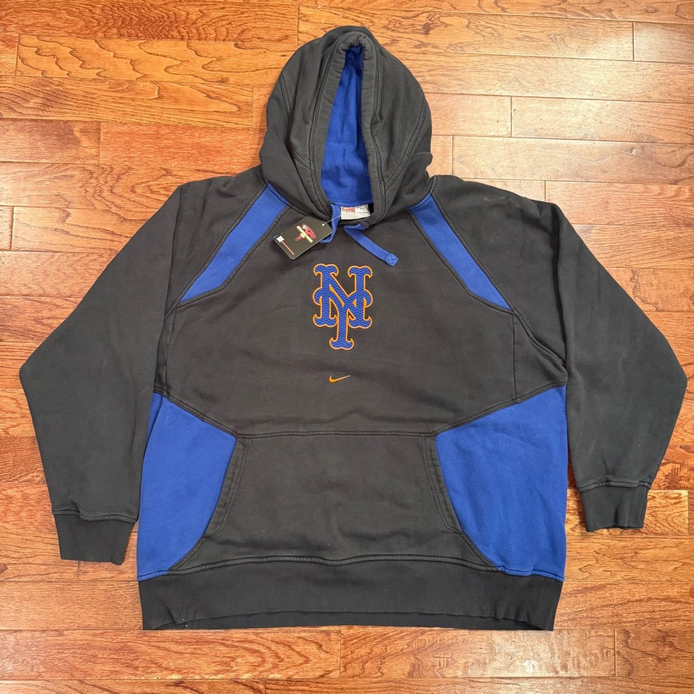 Vintage Nike Team Y2K New York Mets MLB Team Logo Hoodie Pullover Gray Blue 2XL